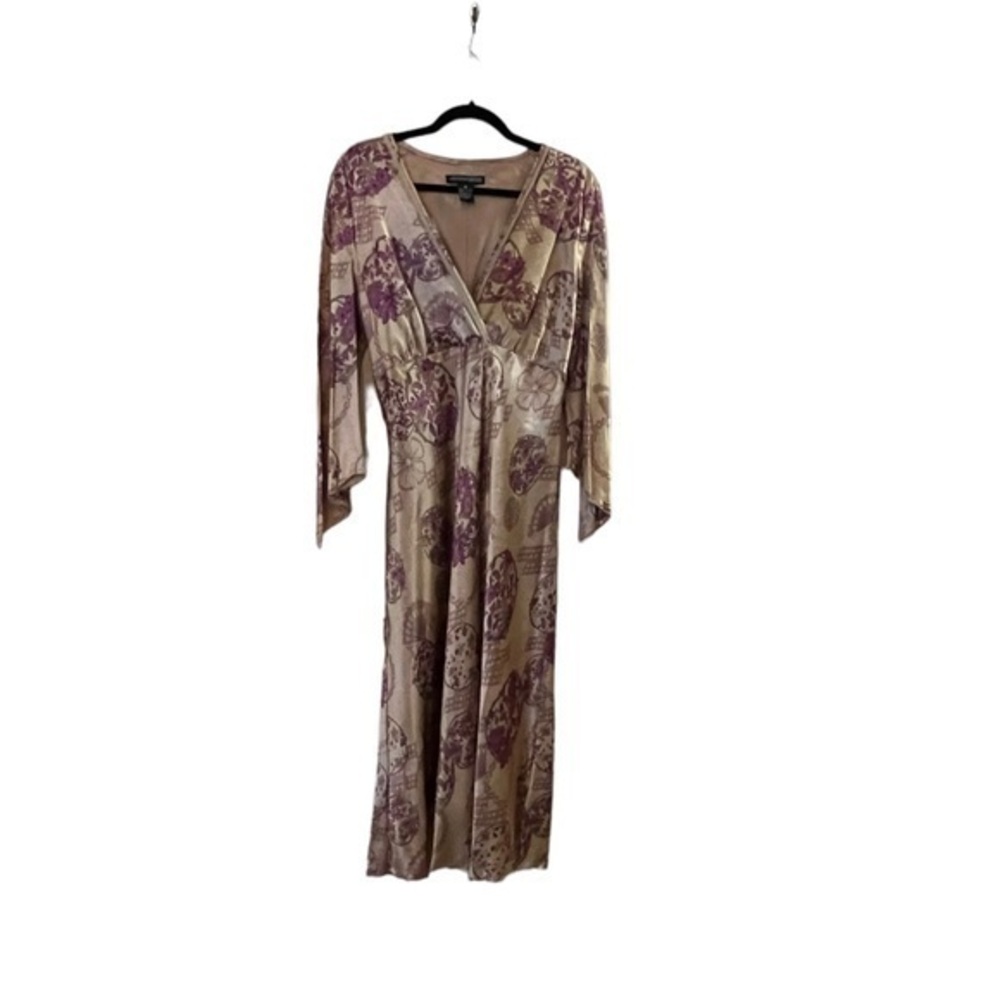 Jonathan Martin Studio 100% silk fully lined long purple tan floral fan dress
